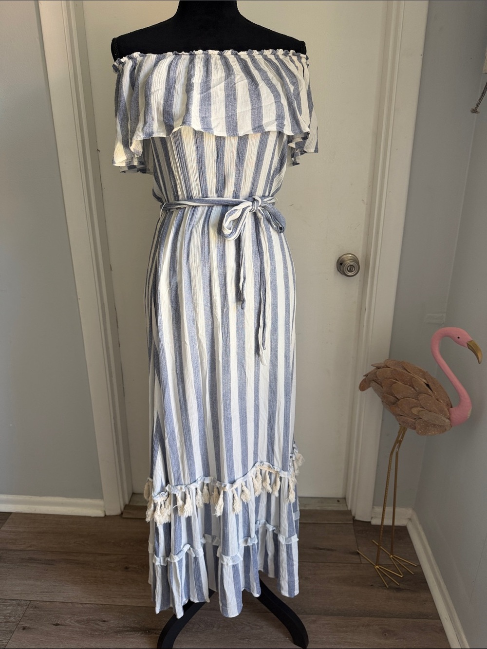 Flying Tomato Blue and White Striped Off-Shoulder Maxi Dress